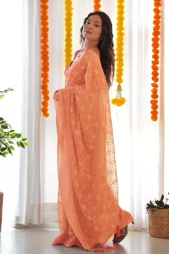 Orange satin georgette c sequins embroidery work ethnic partywear saree