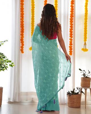 Sea green satin georgette c sequins embroidery work ethnic partywear saree 2