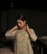 Off white green hand block printed chanderi kurta with cotton pants