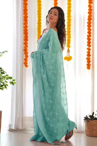 Sea green satin georgette c sequins embroidery work ethnic partywear saree