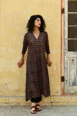 Black ajrakh printed chanderi double layered kurta with cotton pants 1