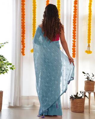 Blue satin georgette c sequins embroidery work ethnic partywear saree 2