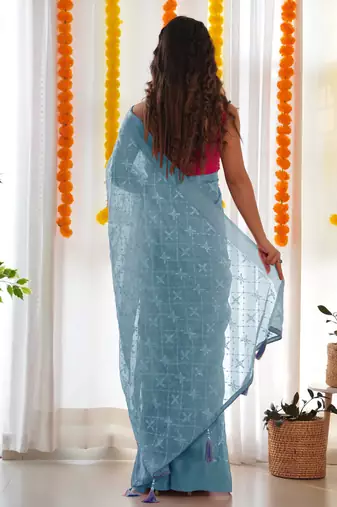 Blue satin georgette c sequins embroidery work ethnic partywear saree