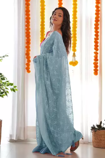 Blue satin georgette c sequins embroidery work ethnic partywear saree