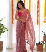 Onion satin georgette c sequins embroidery work ethnic partywear saree