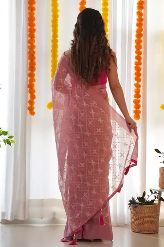 Onion satin georgette c sequins embroidery work ethnic partywear saree