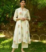 Off white hand block printed cotton kurta with pants