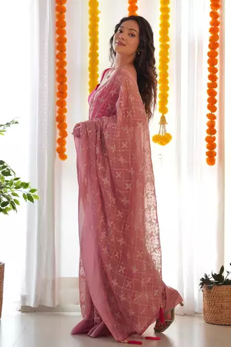 Onion satin georgette c sequins embroidery work ethnic partywear saree