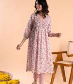 Pink hand block printed cambric cotton kurta with pants