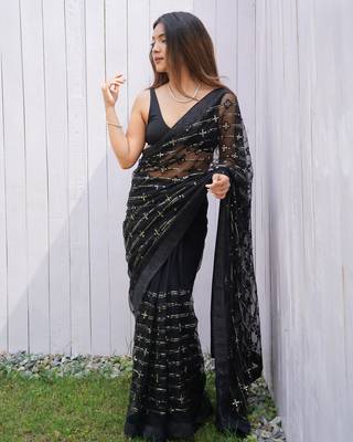 Black graceful butterfly net sequins embroidery saree with diamond work 1