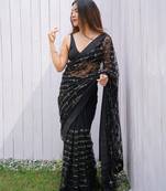 Black graceful butterfly net sequins embroidery saree with diamond work