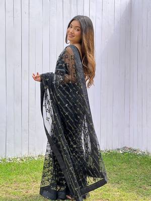 Black graceful butterfly net sequins embroidery saree with diamond work 2