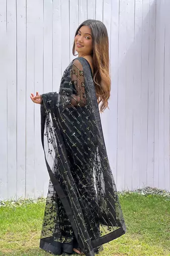 Black graceful butterfly net sequins embroidery saree with diamond work