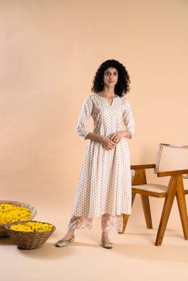 White hand block printed cambric cotton kurta with pants 1