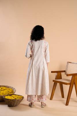 White hand block printed cambric cotton kurta with pants 2