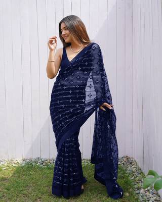 Blue graceful butterfly net sequins embroidery saree with diamond work 1