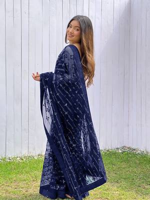 Blue graceful butterfly net sequins embroidery saree with diamond work 2