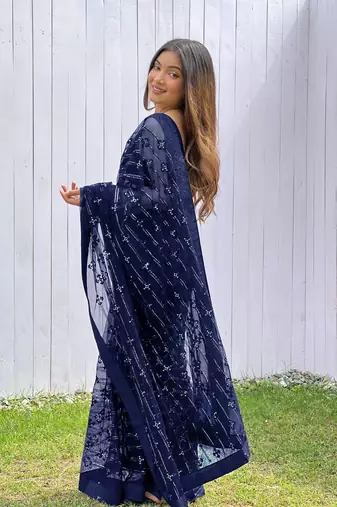 Blue graceful butterfly net sequins embroidery saree with diamond work