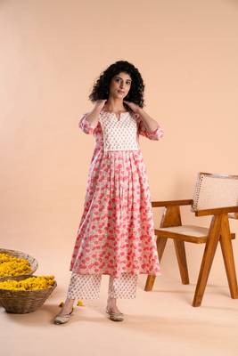 Pink hand block printed cambric cotton kurta with pants 1