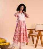 Pink hand block printed cambric cotton kurta with pants