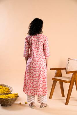 Pink hand block printed cambric cotton kurta with pants 2