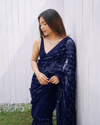 Blue graceful butterfly net sequins embroidery saree with diamond work 3