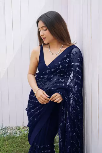 Blue graceful butterfly net sequins embroidery saree with diamond work