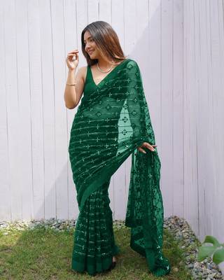 Green graceful butterfly net sequins embroidery saree with diamond work 1