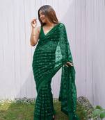 Green graceful butterfly net sequins embroidery saree with diamond work