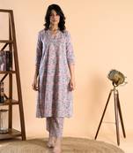 Grey pink hand block printed cambric cotton kurta with pants