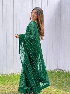 Green graceful butterfly net sequins embroidery saree with diamond work 2