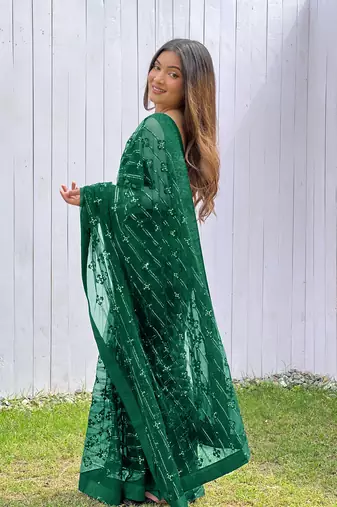 Green graceful butterfly net sequins embroidery saree with diamond work