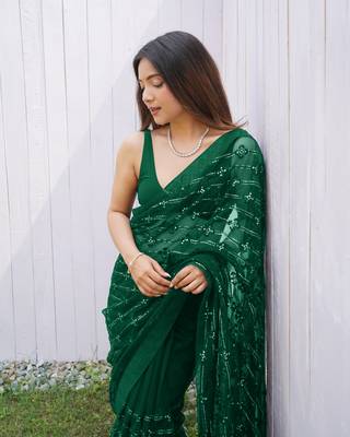 Green graceful butterfly net sequins embroidery saree with diamond work 3