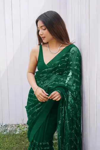 Green graceful butterfly net sequins embroidery saree with diamond work