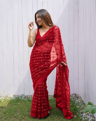 Red graceful butterfly net sequins embroidery saree with diamond work 1