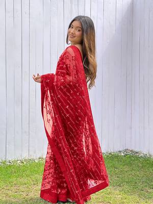 Red graceful butterfly net sequins embroidery saree with diamond work 2