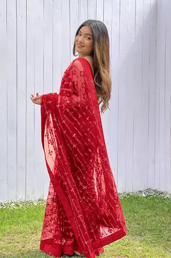 Red graceful butterfly net sequins embroidery saree with diamond work