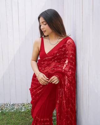 Red graceful butterfly net sequins embroidery saree with diamond work 3