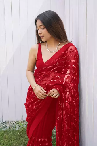 Red graceful butterfly net sequins embroidery saree with diamond work