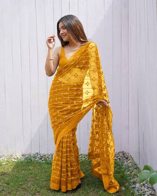 Yellow graceful butterfly net sequins embroidery saree with diamond work 1