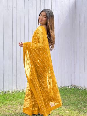 Yellow graceful butterfly net sequins embroidery saree with diamond work 2