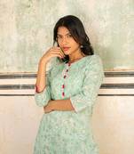 Green hand block printed cotton slub kurta with pants - set of 2