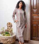 Beige hand block printed cotton slub kurta with pants
