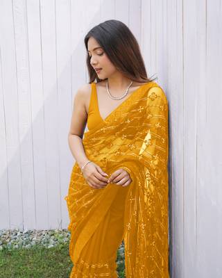 Yellow graceful butterfly net sequins embroidery saree with diamond work 3