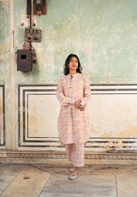 Peach hand block printed cotton slub kurta with pants 1