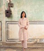 Peach hand block printed cotton slub kurta with pants