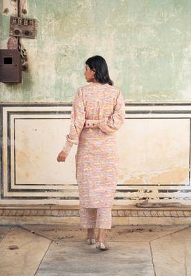Peach hand block printed cotton slub kurta with pants 2