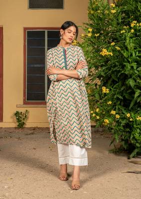 Yellow blue hand block printed cotton slub kurta with pants 1