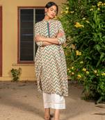Yellow blue hand block printed cotton slub kurta with pants