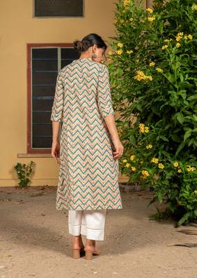 Yellow blue hand block printed cotton slub kurta with pants 2